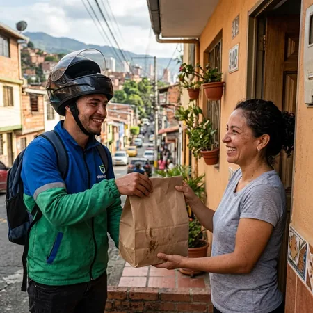 Repartidor local entregando pedidos de ofertas diarias en Bogotá