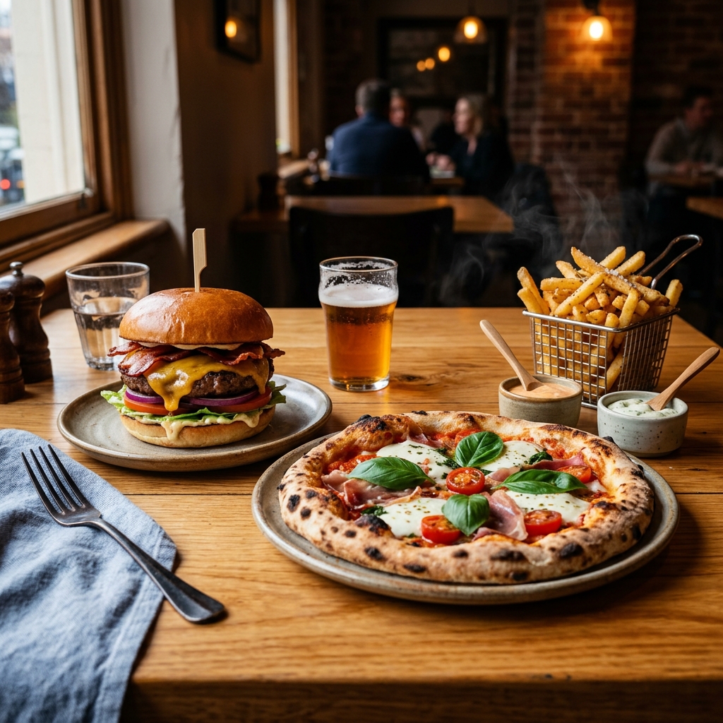 Fotografía hiperrealista de pizza, hamburguesas y cena nocturna a domicilio en Bogotá